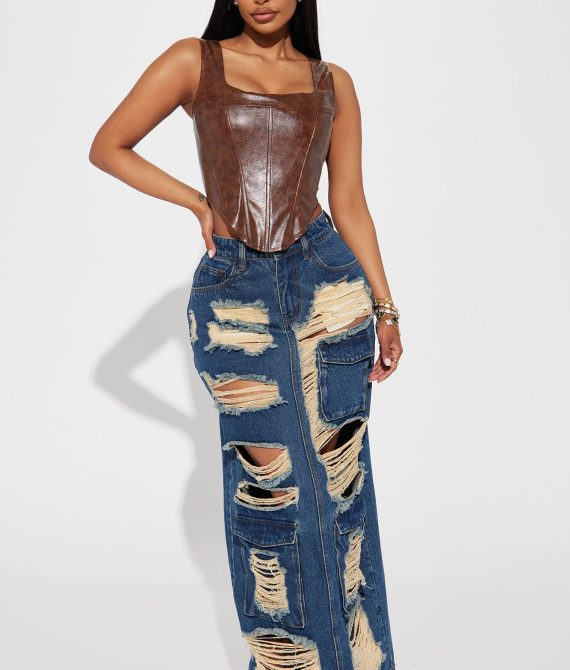 Hot Girl Distressed Denim Maxi Skirt – Dark Wash